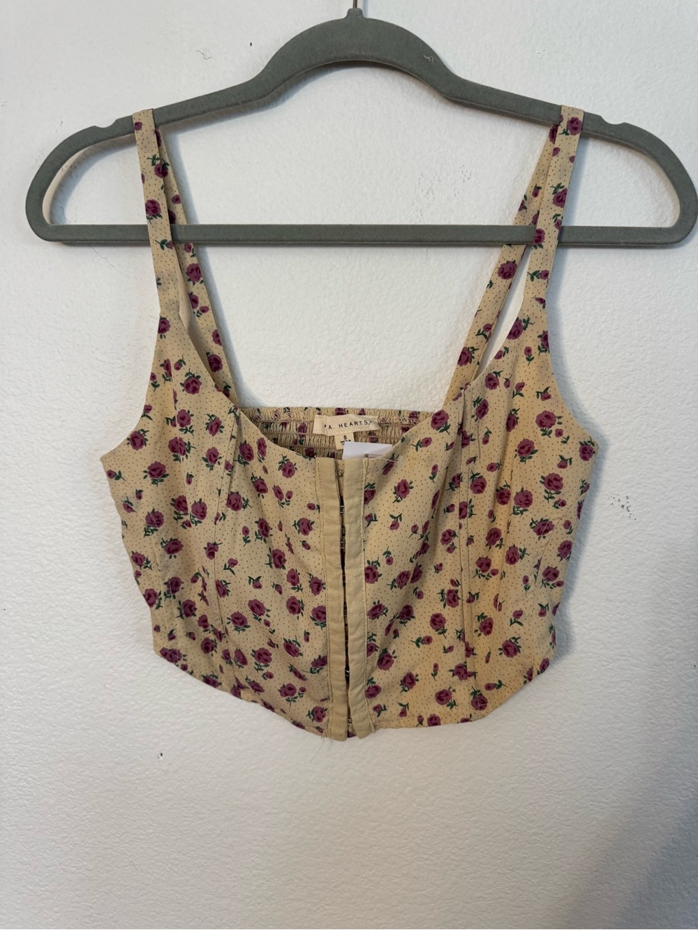 La Hearts Beige Floral Cropped Tank with Pink Roses